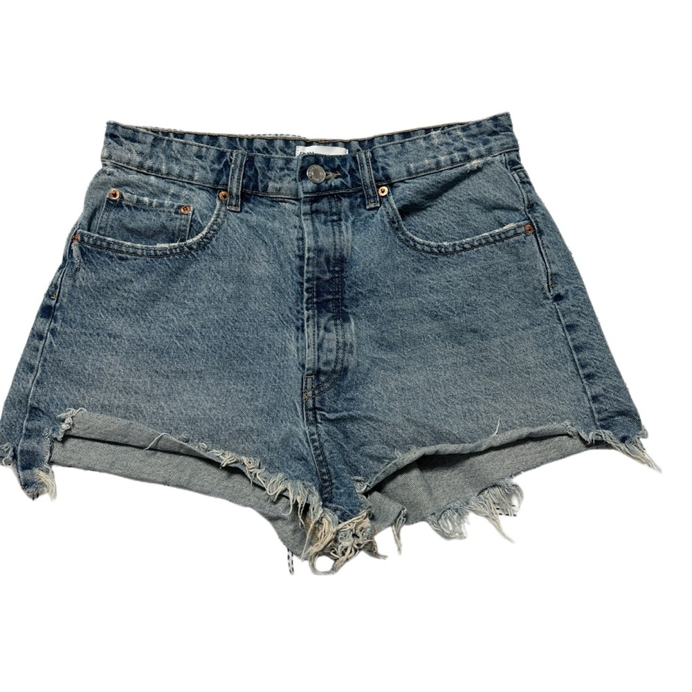 Zara Cut Off Medium Wash Distressed Raw Hem Button Fly Jean Shorts Size 10